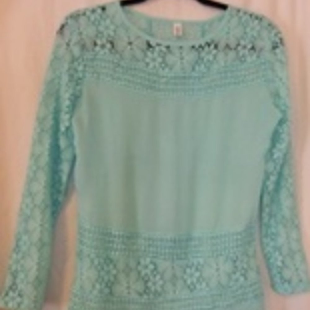 XIN YAN TEAL FLORAL LACES BLOUSE